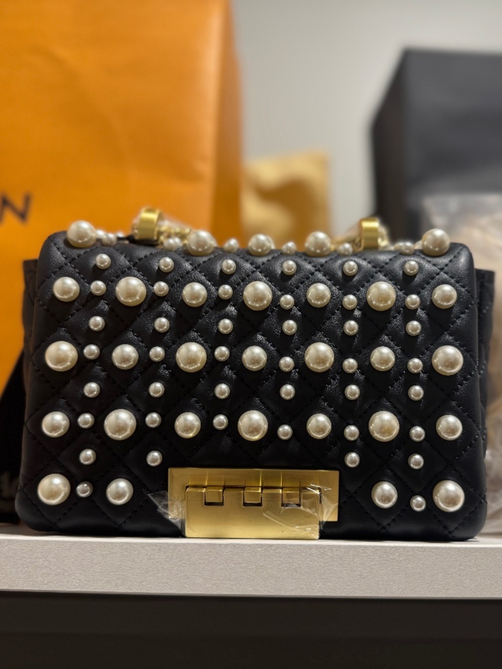 ZAC Zac Posen Parisian Blue Mini Pearl Studded Leather Shoulder Bag